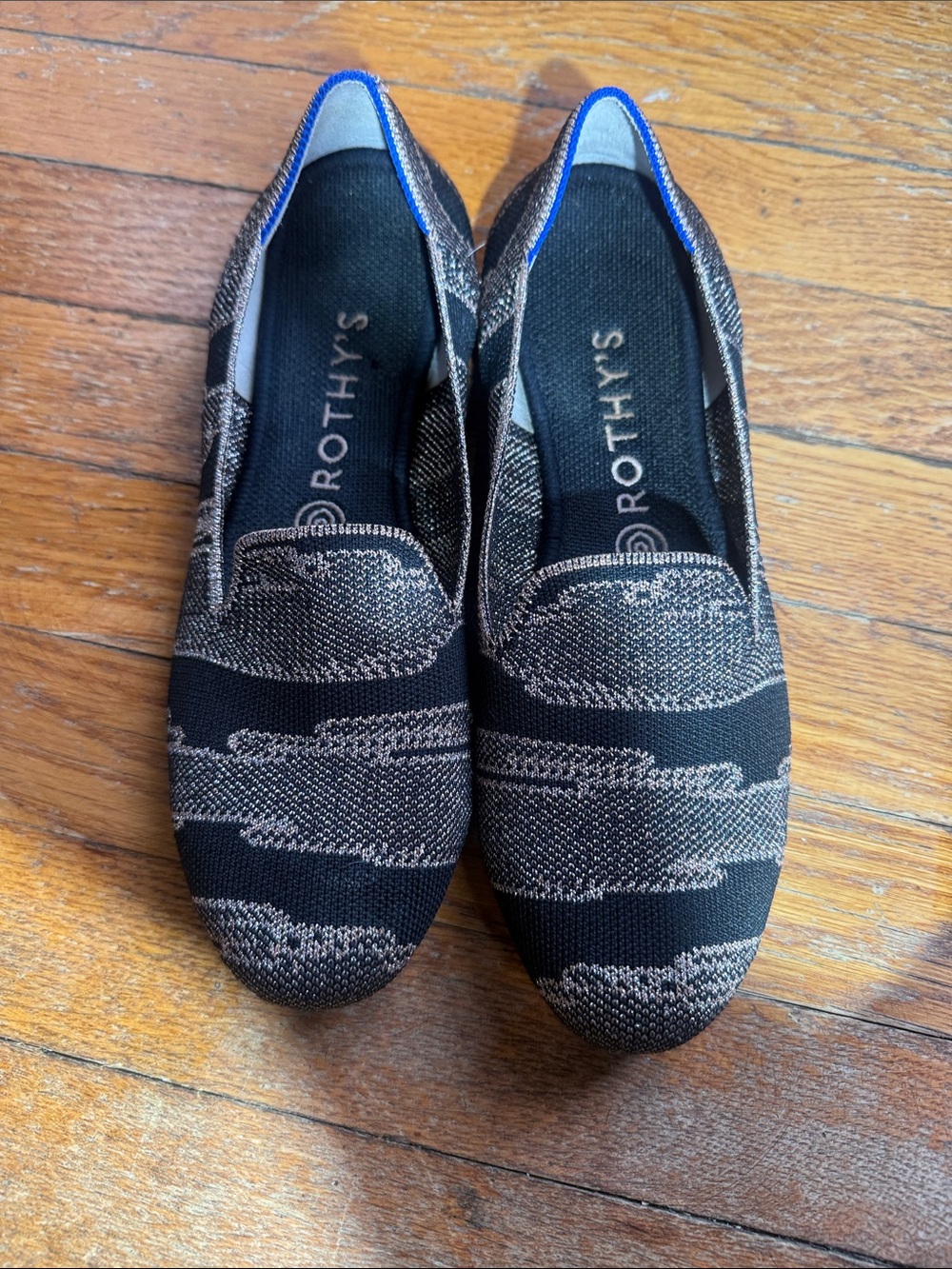 Rothy's Black and Tan Knit Slip-On Loafers